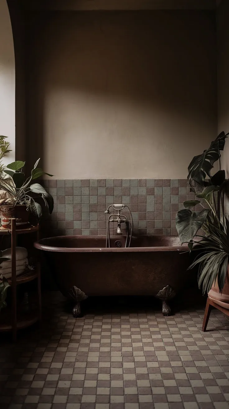 The dark boho bathroom features a vintage tub and earthy tones, enhanced by potted plants and soft lighting for a gothic charm.