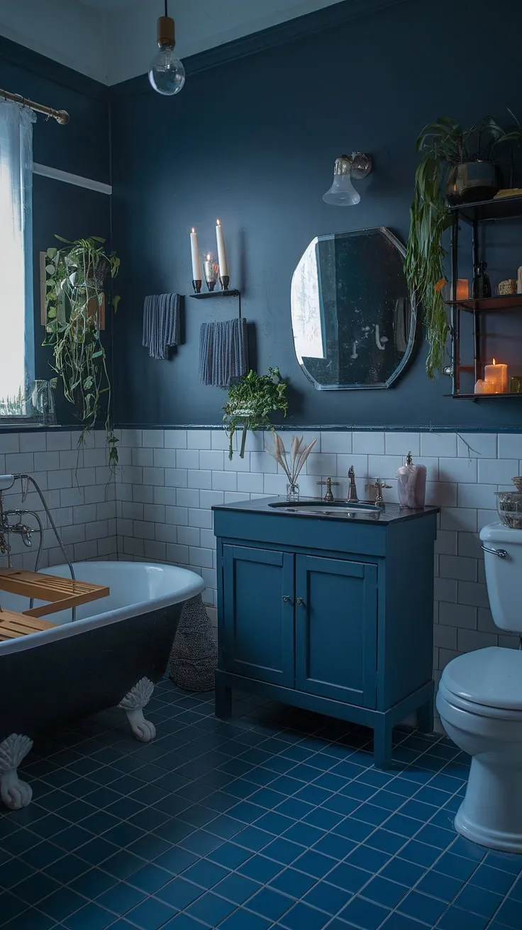 The dark boho decor of this vintage bathroom, featuring a clawfoot tub and lush plants, perfectly embodies the essence of a moody boho and dark academia sanctuary.