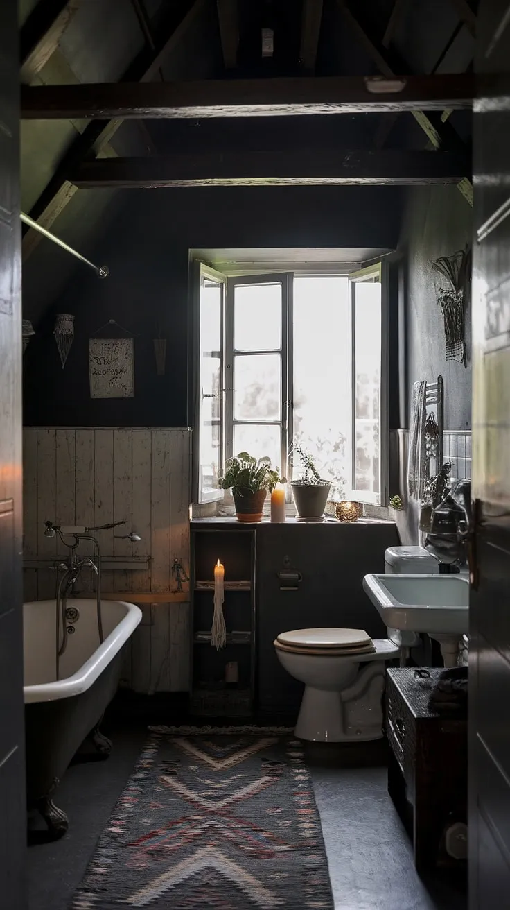 The dark boho bathroom showcases a vintage aesthetic with high ceilings, a patterned rug, and natural light, perfect for those who appreciate dark bathrooms with a touch of vintage charm.