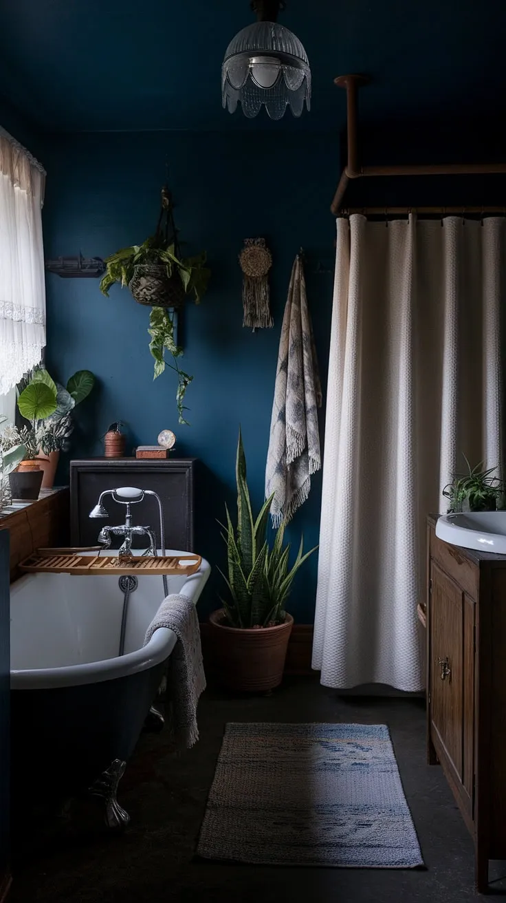 The dark boho bathroom features vintage charm with a clawfoot tub and deep blue hues, creating a captivating atmosphere perfect for dark bathrooms enthusiasts.