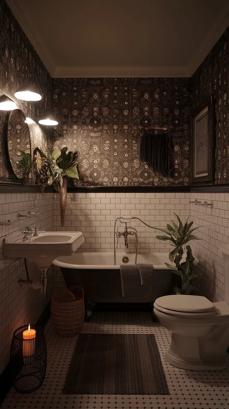 The dark boho bathroom features vintage elements and a cozy ambiance, creating a strikingly atmospheric space perfect for those who love dark decor.