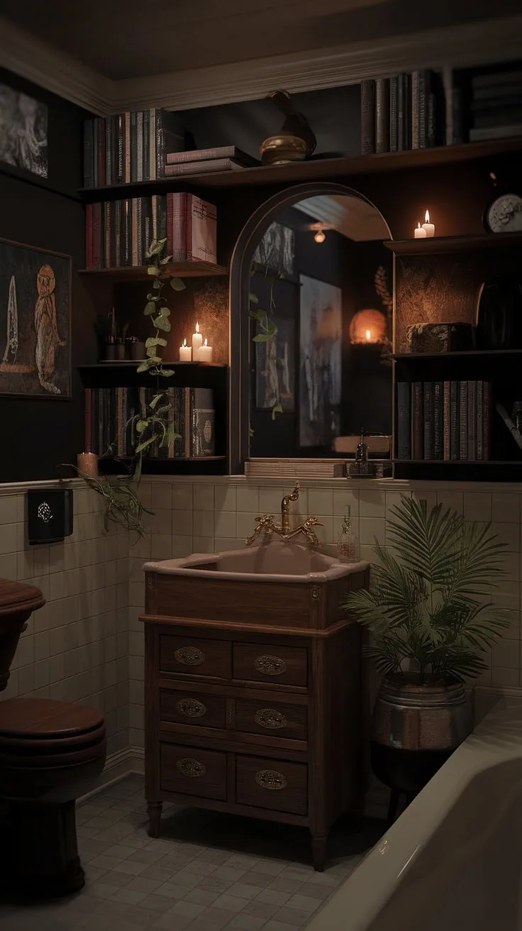 A moody vintage bathroom blends dark boho and dark academia styles, featuring a wooden cabinet, ceramic sink, and shelves adorned with books and candles for a warm, inviting goth atmosphere.