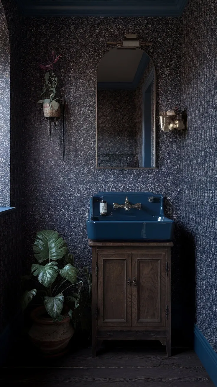 The dark boho decor of this moody vintage bathroom features a deep blue sink and wooden cabinet, enveloped in a dark academia vibe with soft lighting and rich textures.