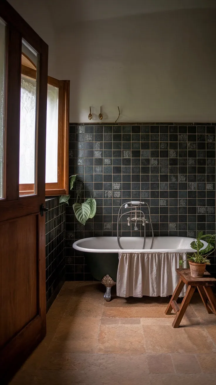 The dark boho bathroom showcases a vintage clawfoot tub and lush plants, enveloped in a rich palette of green and white tiles for a striking dark academia vibe.