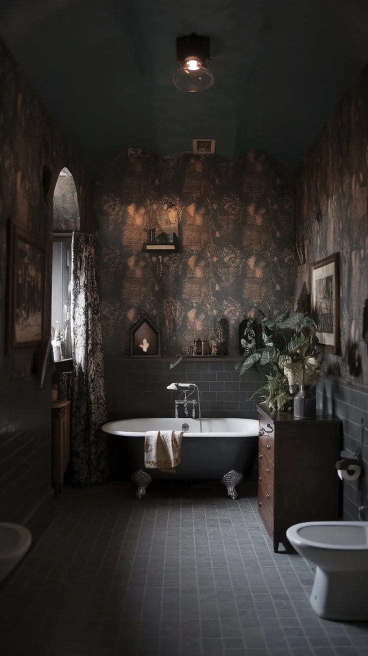 This moody vintage bathroom, featuring dark boho decor and a dark academia theme, showcases a freestanding bathtub beneath a high ceiling, illuminated by a single overhead light.