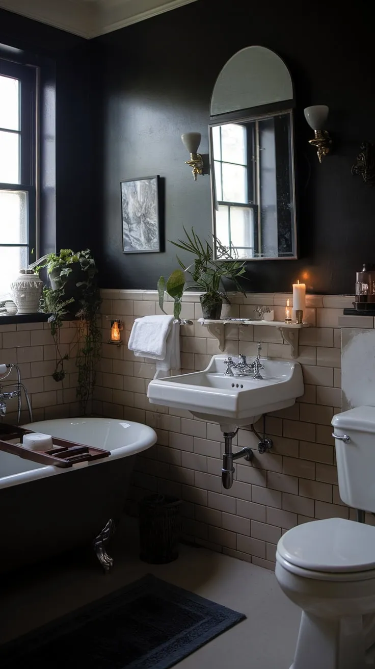 This moody vintage bathroom, adorned with dark boho decor and a dark academia vibe, features a freestanding bathtub and soft lighting that create an inviting goth atmosphere.