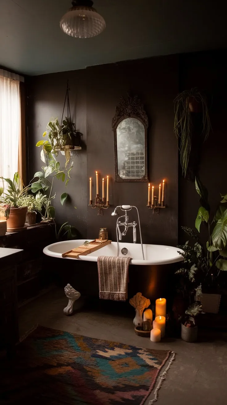 This moody vintage bathroom features dark boho decor and a freestanding bathtub, creating a captivating dark academia atmosphere with plants, candles, and a vintage mirror.