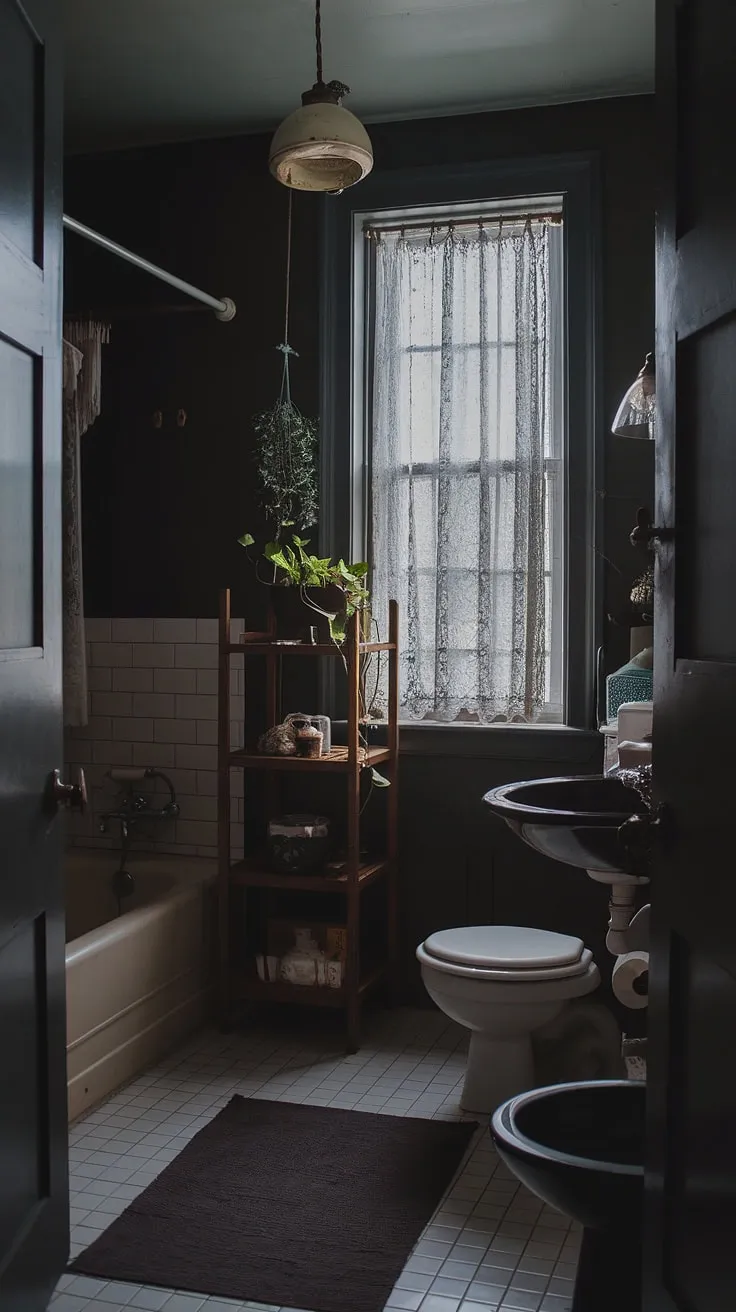 The dark boho bathroom showcases a vintage charm with its dimly lit ambiance, wooden shelf, and darkly painted walls, creating a perfect goth retreat.