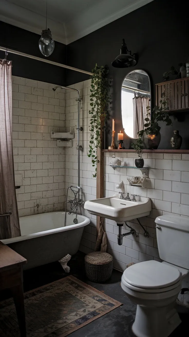 The dark boho bathroom showcases a vintage aesthetic with wooden accents, greenery, and a clawfoot tub, creating an enchanting space that embodies the essence of dark bathrooms.