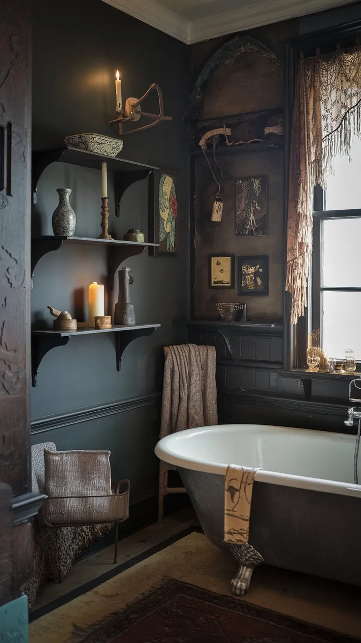 This moody vintage bathroom blends dark boho and dark academia elements, featuring a freestanding bathtub, vintage decor, and soft lighting for a captivating goth aesthetic.