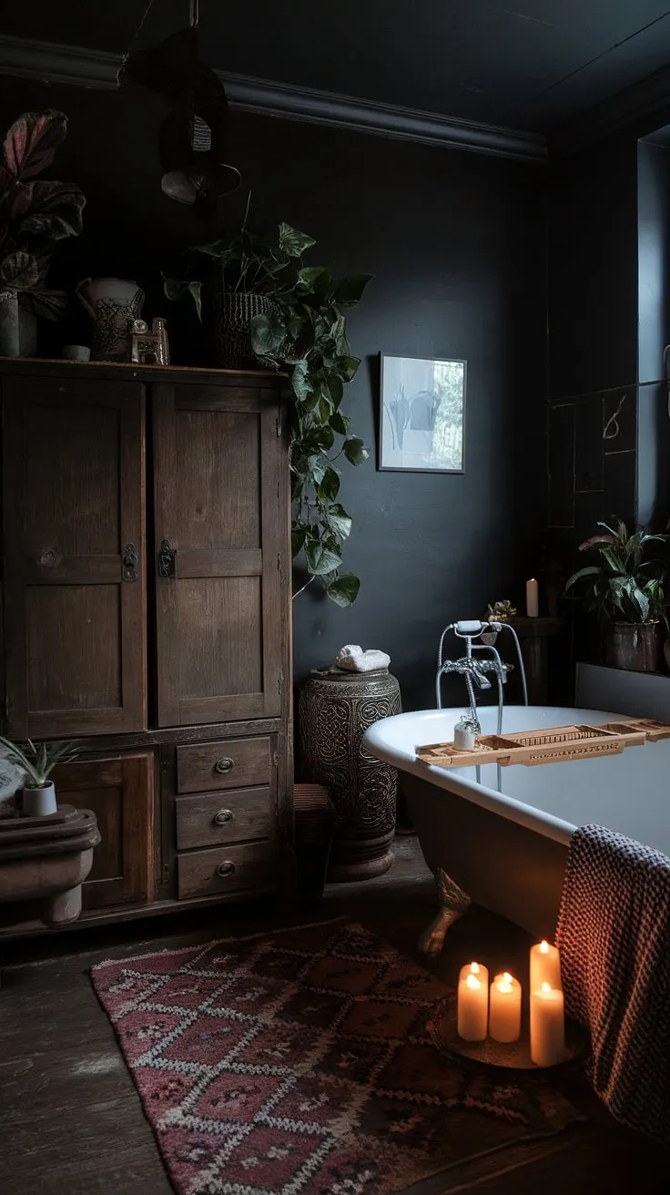 The dark boho bathroom showcases a vintage charm with its dim lighting, patterned rug, and a blend of dark academia elements, perfect for those who love dark bathrooms.