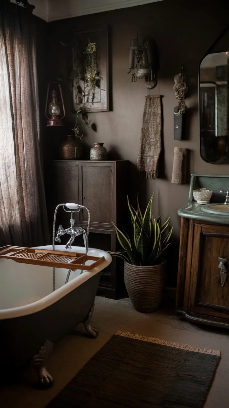 Experience a serene escape in this moody bathroom, where dark academia intertwines with bohemian charm, featuring an aged clawfoot tub and lush greenery.