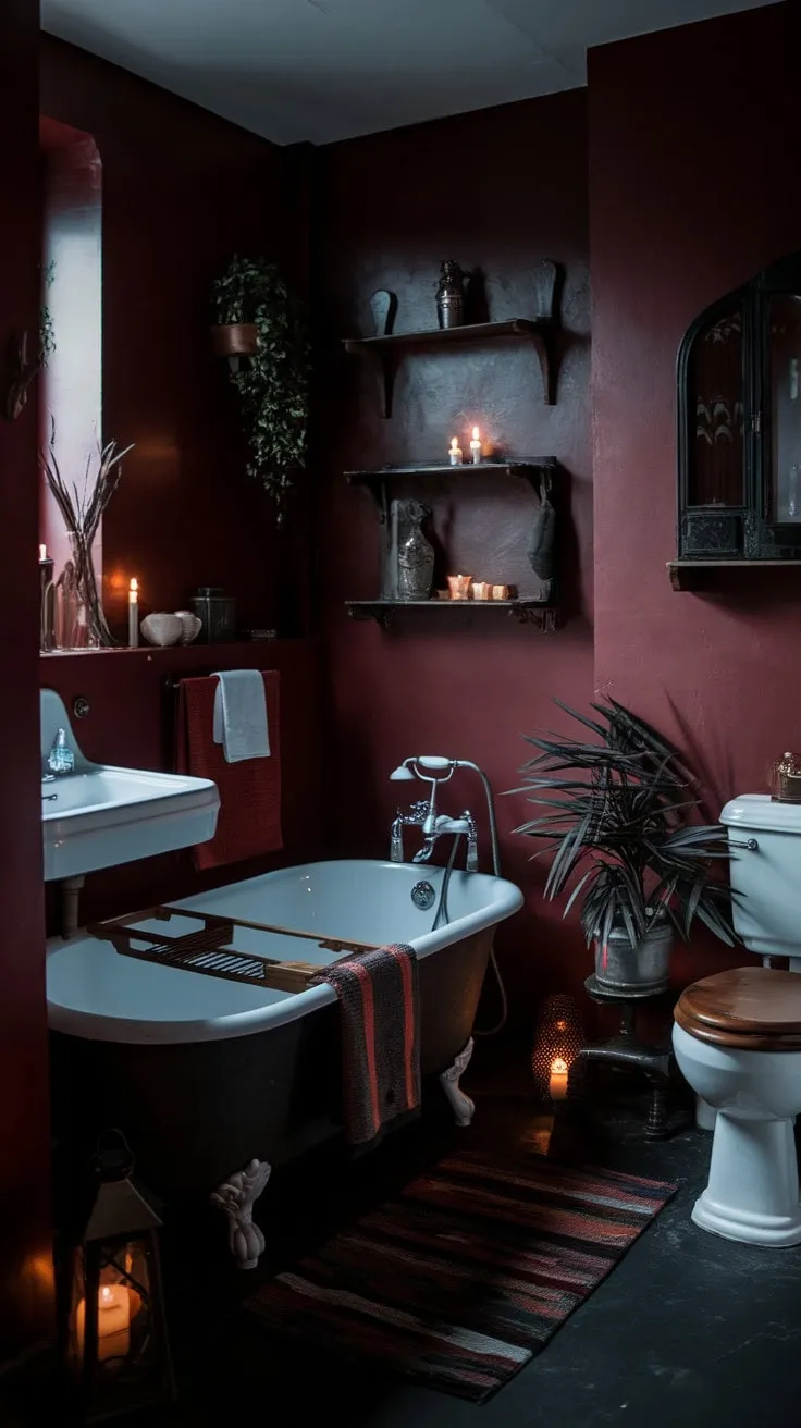 In a vintage bathroom where deep red hues and shadowy corners create a captivating allure, a thriving potted plant breathes life into the rich textures and antique fixtures, embodying quiet elegance.