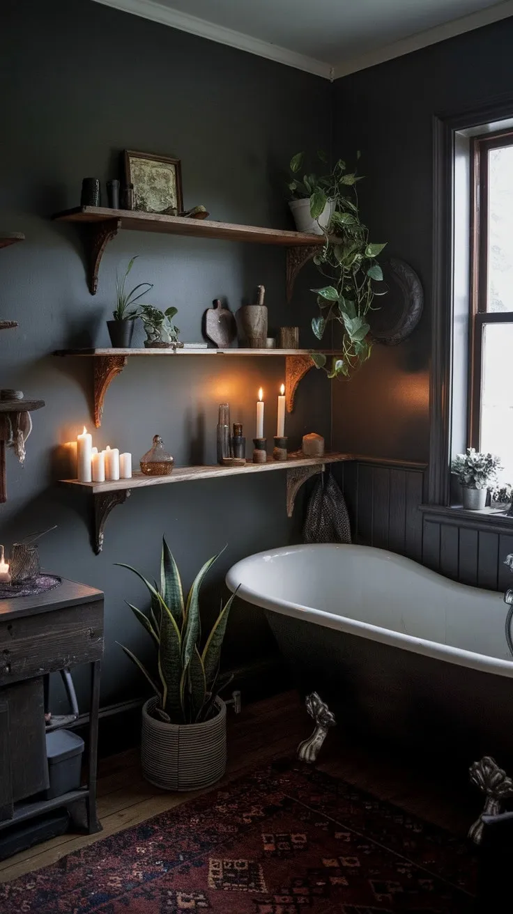 Step into a dimly lit sanctuary where flickering candlelight and lush greenery weave a tapestry of old-world charm and bohemian tranquility.