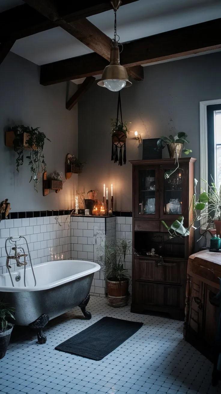 This vintage-inspired bathroom blends dark academia elegance with luxurious relaxation, featuring a freestanding tub, lush plants, and a striking black and white checkered floor.