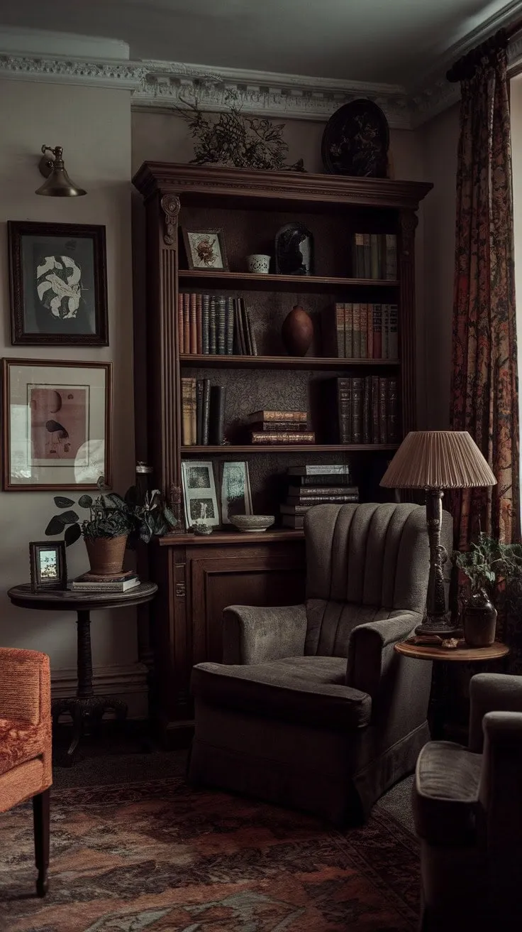This vintage living room, steeped in dark academia charm, invites relaxation and reflection amidst its eclectic blend of antique elegance and bohemian flair.