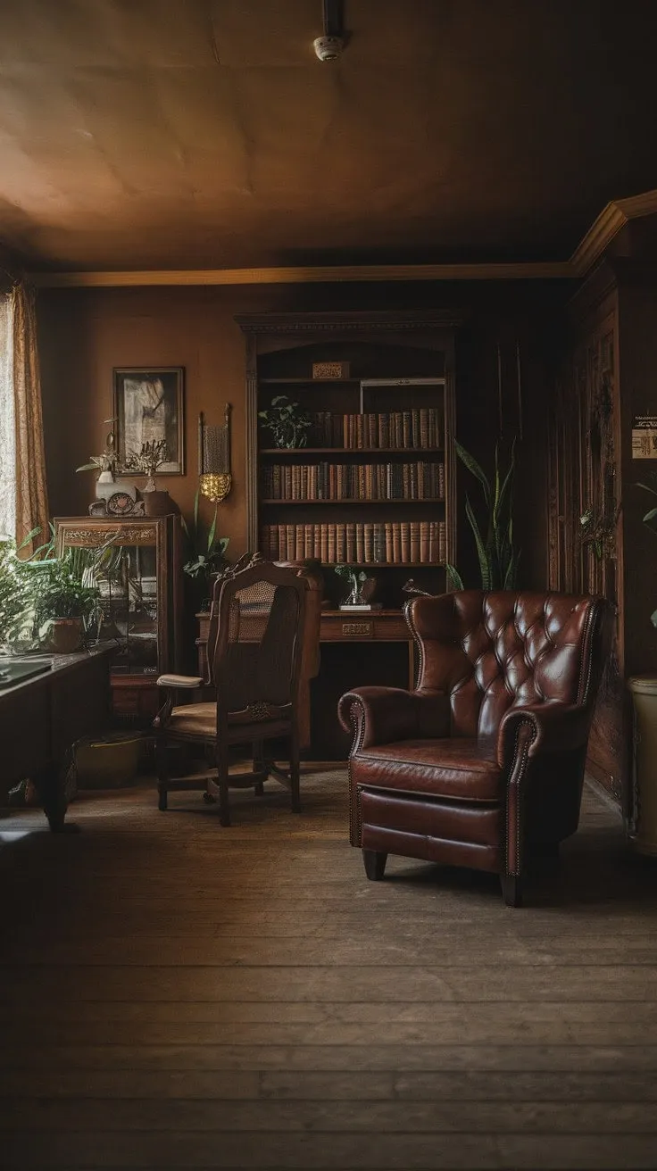 In this dimly lit study, antique treasures and overflowing bookshelves create a sanctuary where forgotten eras breathe life into the seeds of intellectual curiosity.