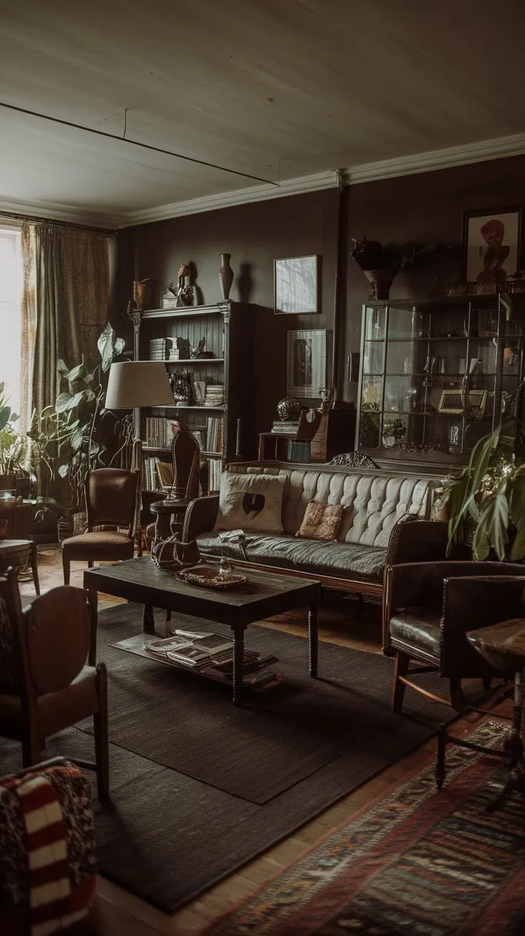 In this dimly lit living room, vintage treasures and dark walls create a cozy yet enigmatic retreat that beckons you to relax.