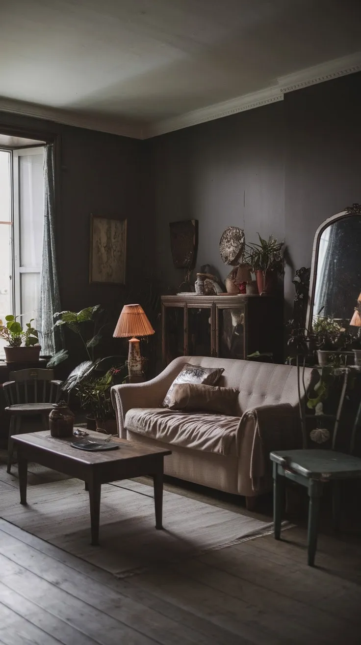 In this enchanting gray sanctuary, vintage charm and lush greenery invite you to unwind and lose yourself in the whispers of the past.