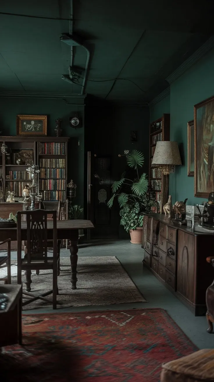 This enchanting, green-hued sanctuary blends antique elegance with bohemian flair, inviting you to immerse yourself in thought amid its cozy, nostalgic charm.