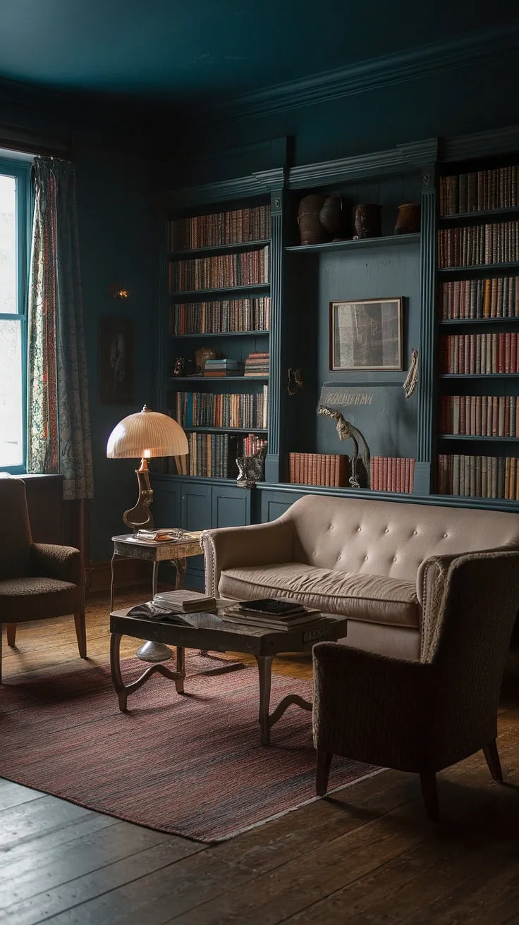 This moody vintage living room, adorned with dark academia elements and a deep blue palette, beautifully blends classic, country, and bohemian styles with antique and retro touches.