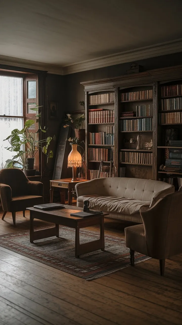 The moody country living room features a harmonious mix of vintage charm and dark academia aesthetics, creating an inviting yet mysterious space.