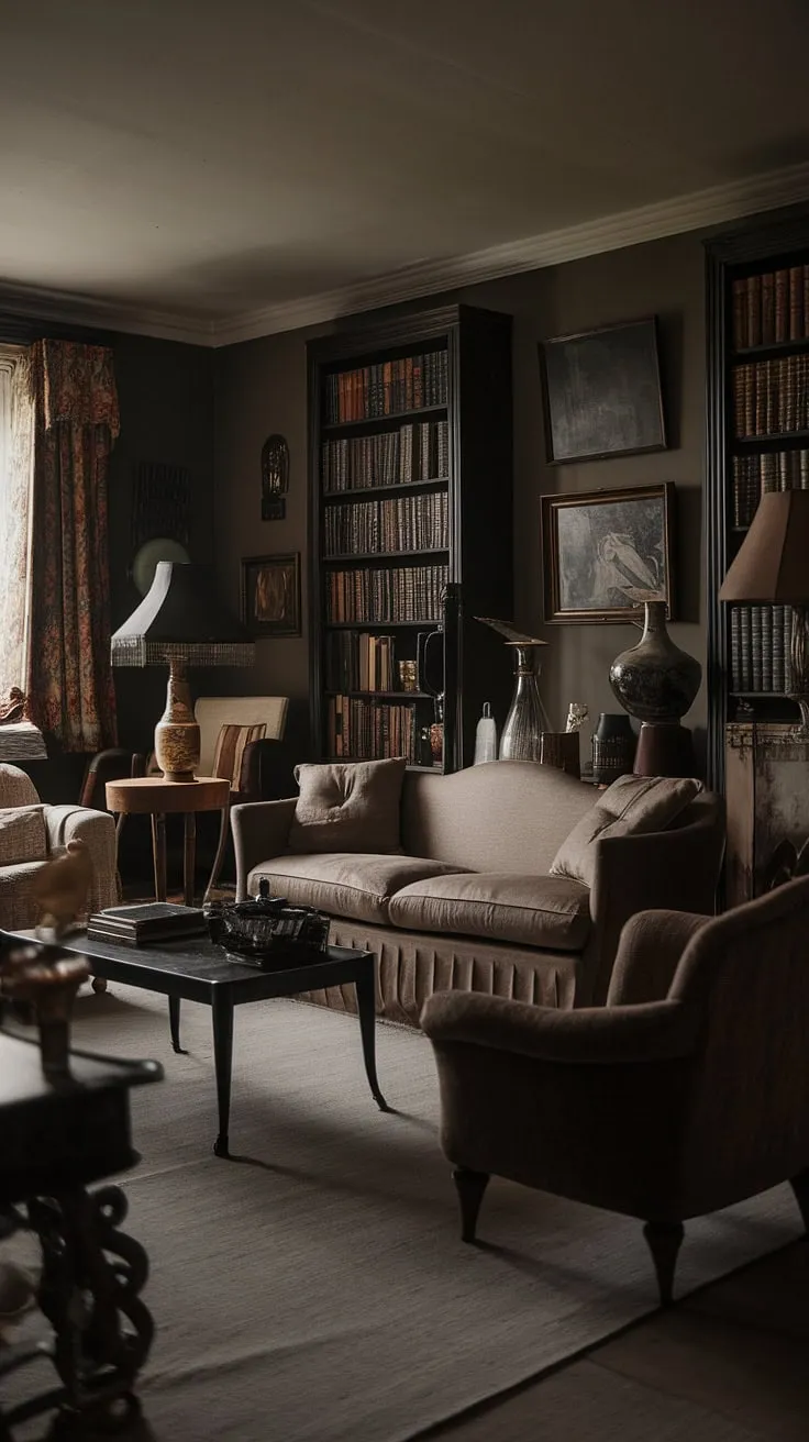 This moody vintage living room blends classic and retro elements with dark hues, antique decor, and a cozy atmosphere perfect for a country or dark academia aesthetic.