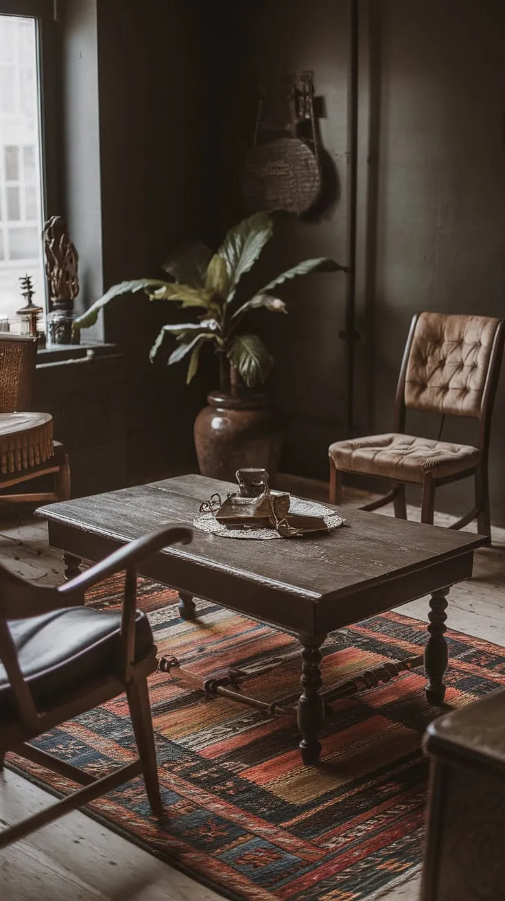 This moody vintage living room blends dark academia and bohemian vibes with antique furnishings and a vintage rug, creating a captivating atmosphere.