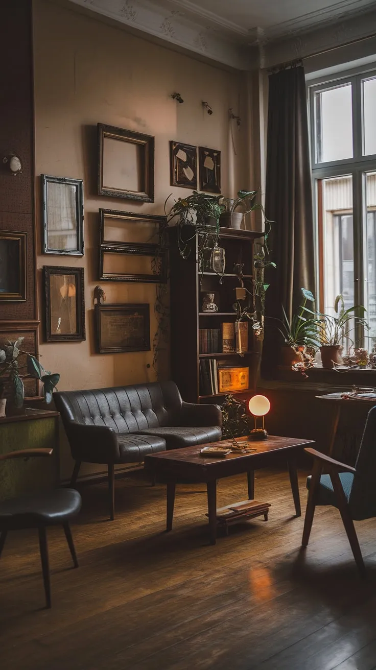 The classic moody living room combines retro and bohemian styles, highlighted by antique frames and a cozy atmosphere that invites relaxation.