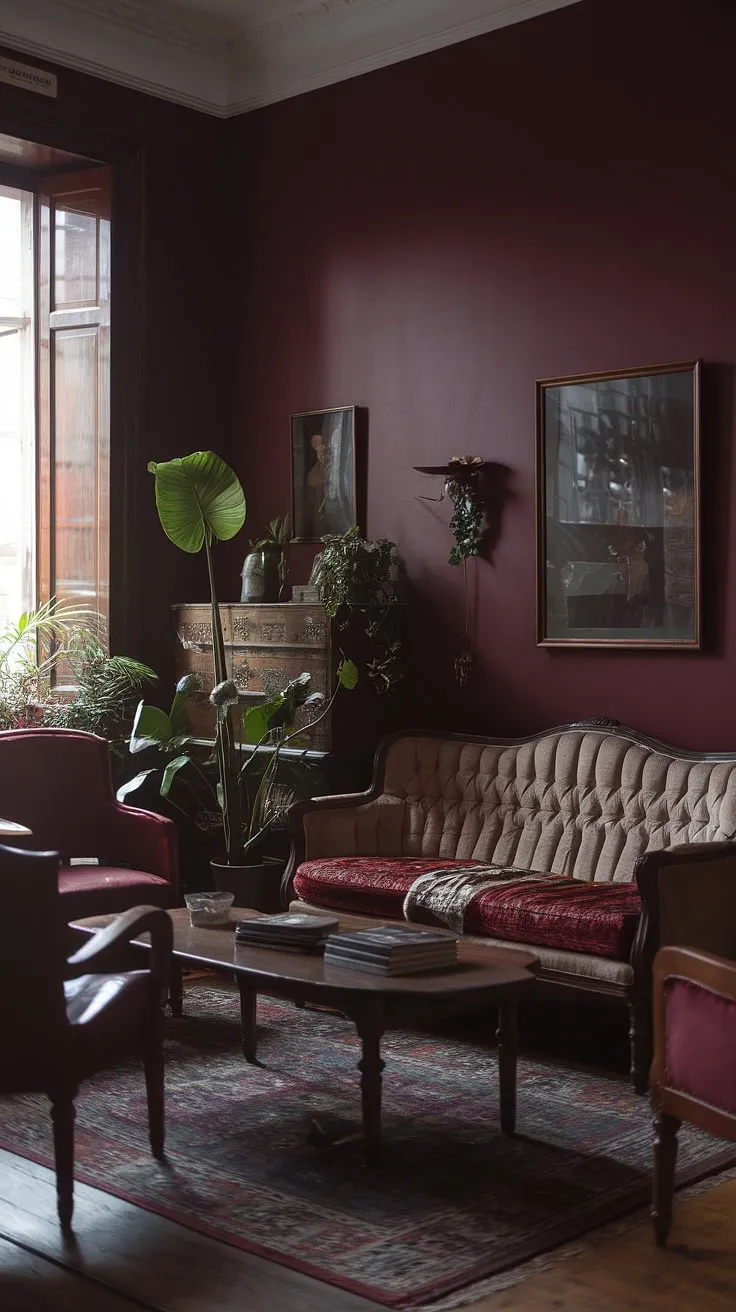 The classic moody living room features a vintage sofa and soft lighting, creating a harmonious space that reflects a moody country and bohemian aesthetic.