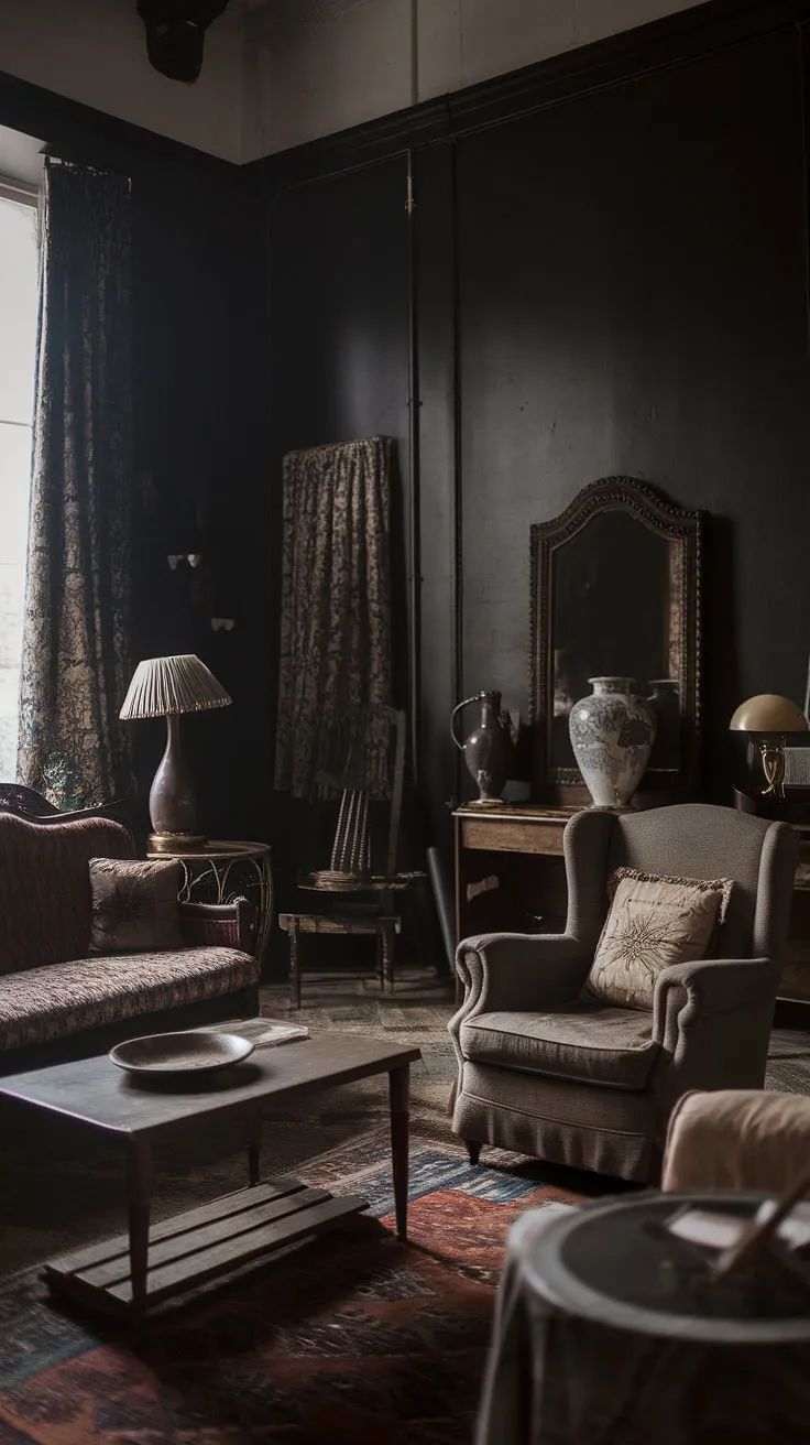 The room's high ceiling and vintage furnishings create a captivating moody country living room that beautifully marries classic elegance with bohemian flair.