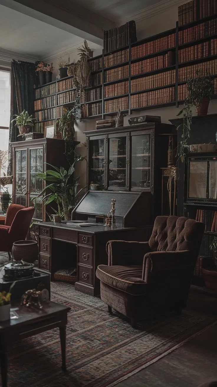 This moody vintage living room blends dark academia and bohemian elements with antique furniture, retro items, and a rich color palette, creating a captivating atmosphere.