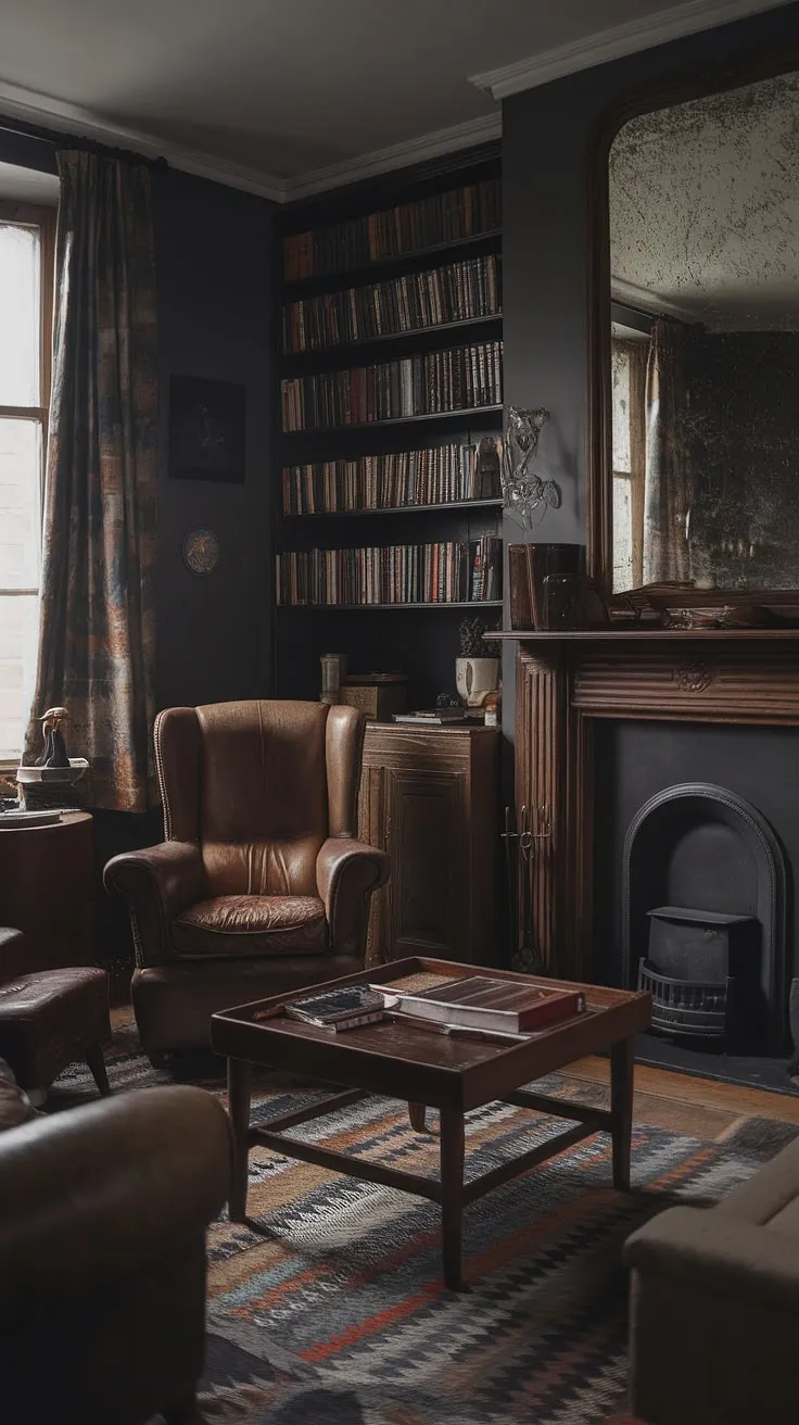This moody vintage living room blends classic bohemian charm with dark academia elements, featuring antique furniture, retro decor, and a cozy ambiance.