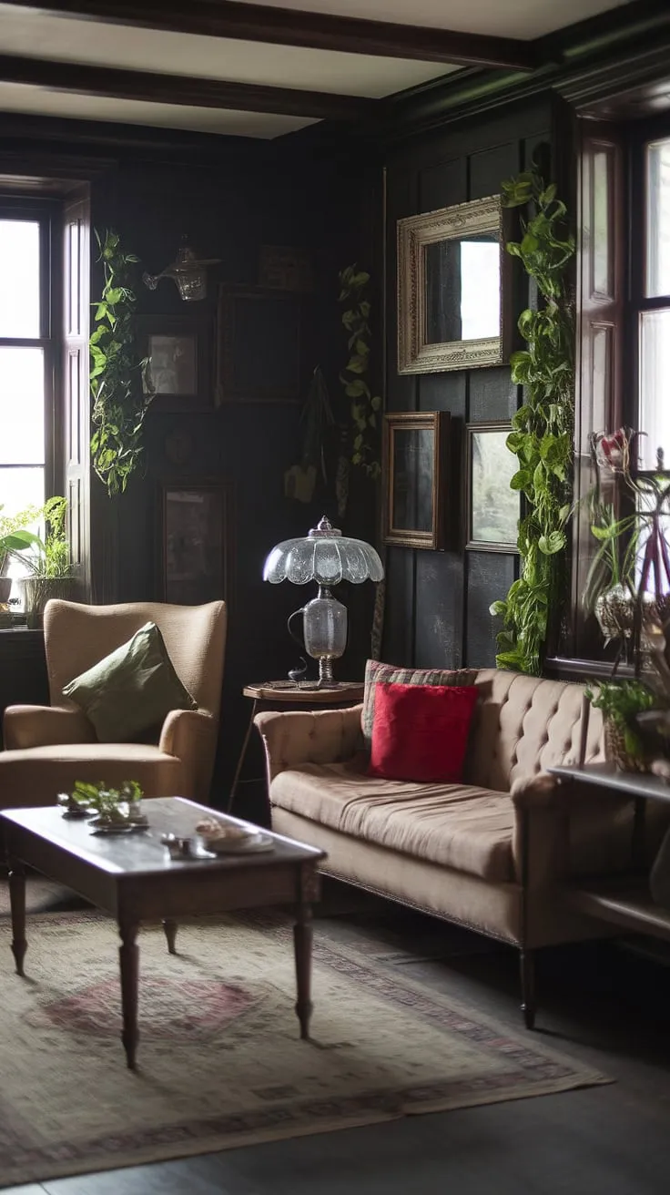 The moody country living room features a beige couch and wooden beams, harmonizing dark academia and bohemian elements for a retro, antique-inspired retreat.