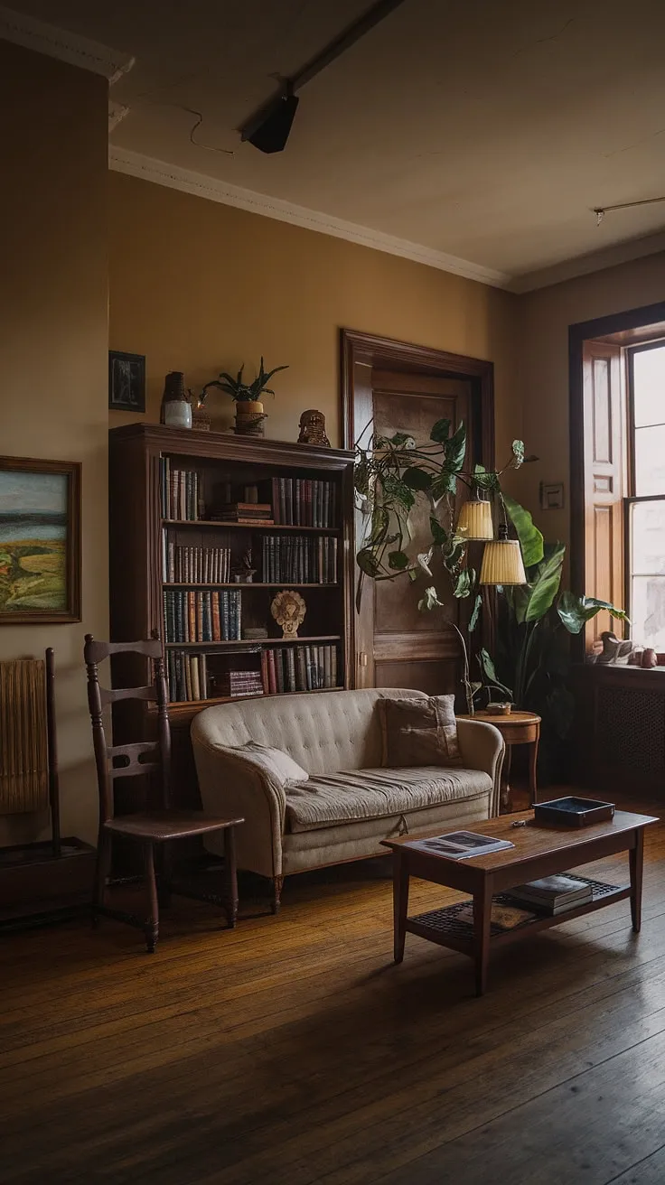 The classic moody living room features a harmonious mix of vintage charm and dark academia aesthetics, highlighted by antique pieces and a warm color palette.