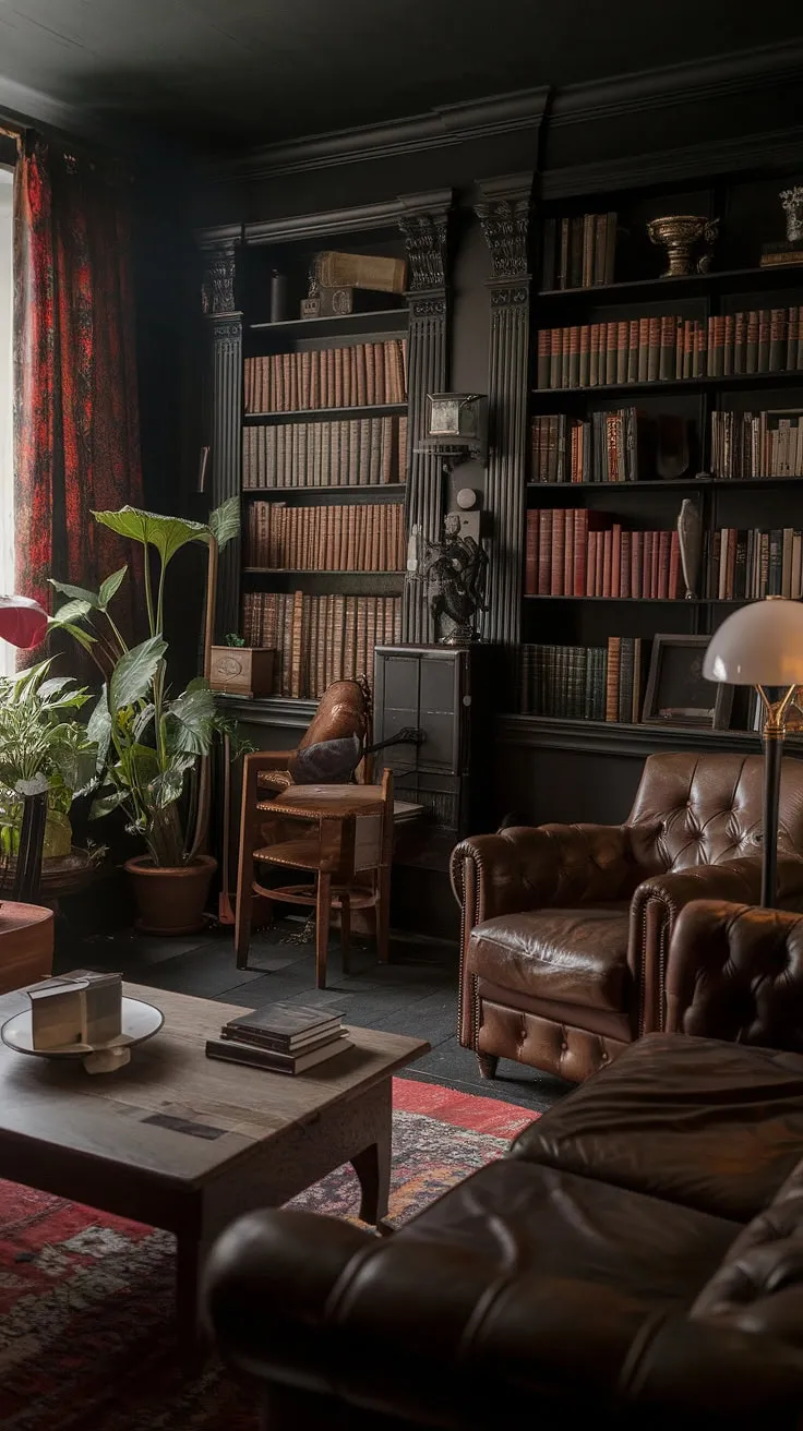 This moody vintage living room blends dark academia with antique and retro decor, featuring bookshelves, a leather chair, and a rich color palette.