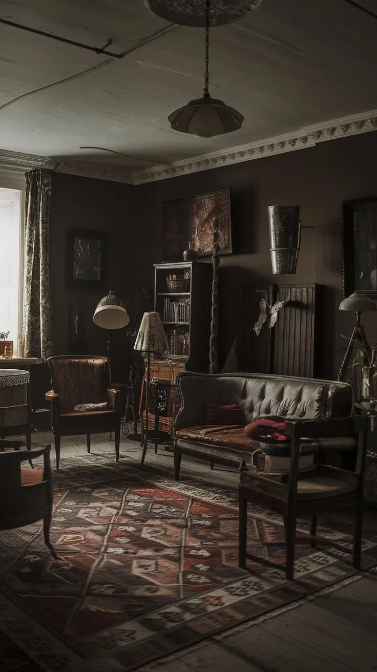 The moody country living room showcases a harmonious mix of vintage charm and dark academia aesthetics, highlighted by wooden furnishings and timeless antique pieces.