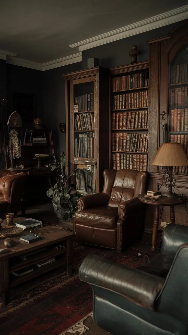 This moody vintage living room blends dark academia and retro elements with antique furniture, creating a captivating atmosphere perfect for a classic or bohemian aesthetic.