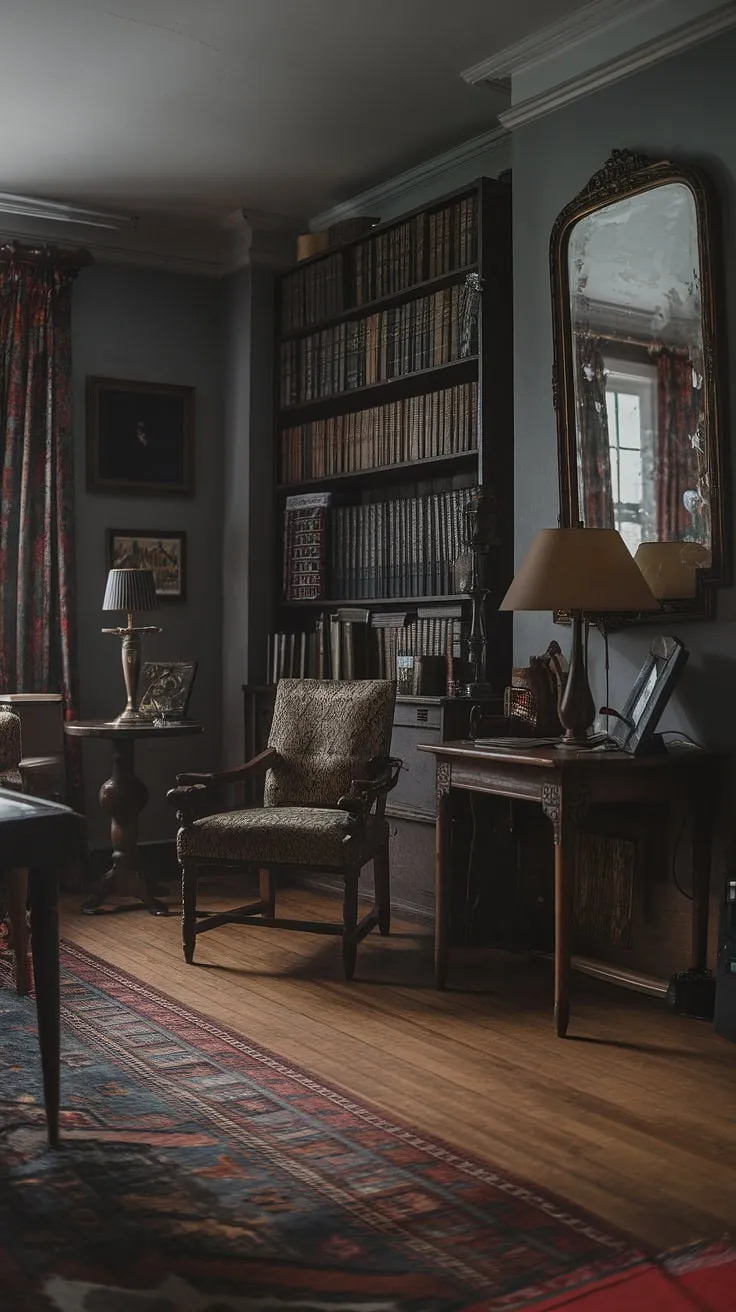 This moody vintage living room, featuring antique furniture and soft lighting, beautifully captures the essence of dark academia while blending elements of classic, country, bohemian, and retro styles.