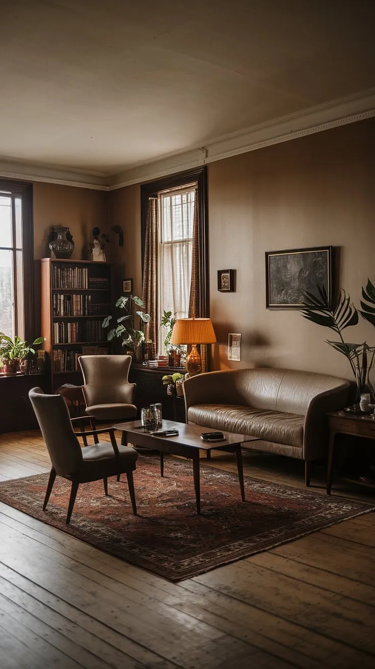 The moody vintage living room exudes a dark academia aesthetic with its wooden floors, vintage furnishings, and a harmonious blend of retro and antique elements.