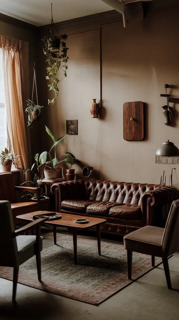 This moody vintage living room blends earthy tones with classic decor, creating a cozy atmosphere perfect for dark academia or bohemian styles.
