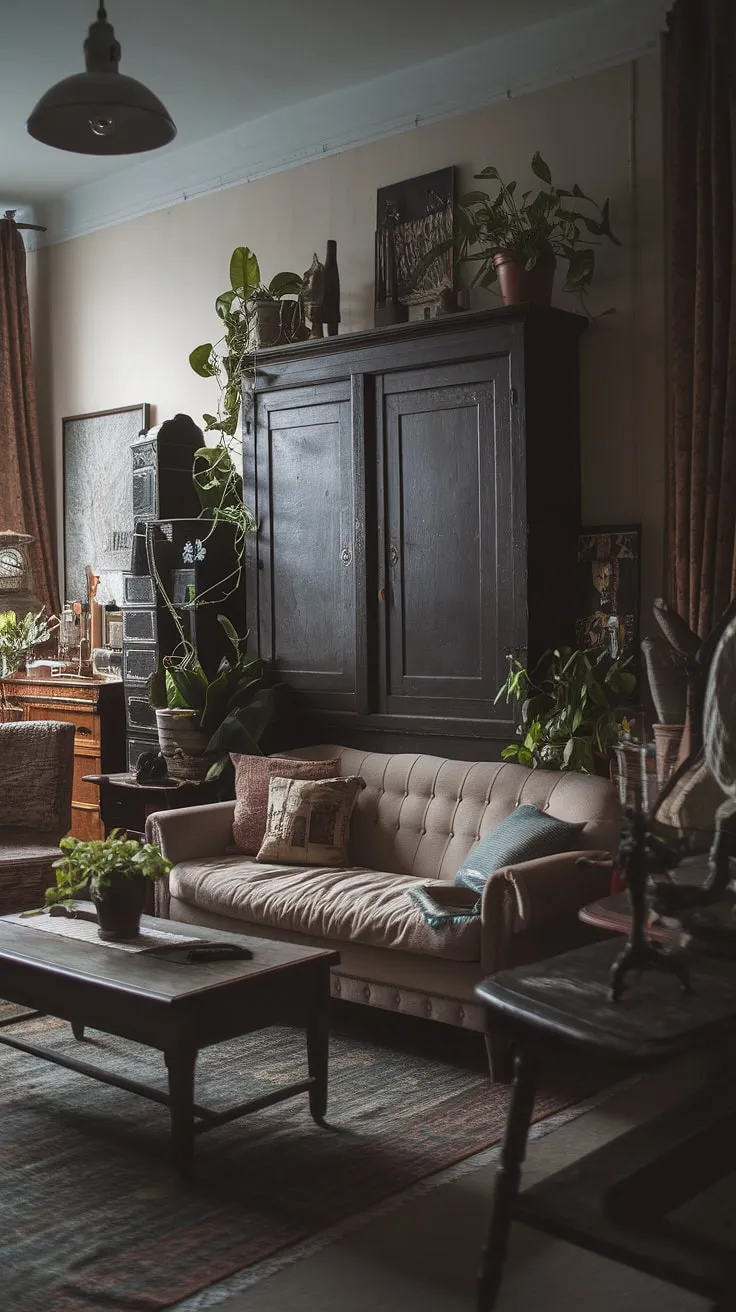 This moody vintage living room blends dark academia and bohemian styles with a beige sofa, antique decor, and lush plants, creating a captivating atmosphere.