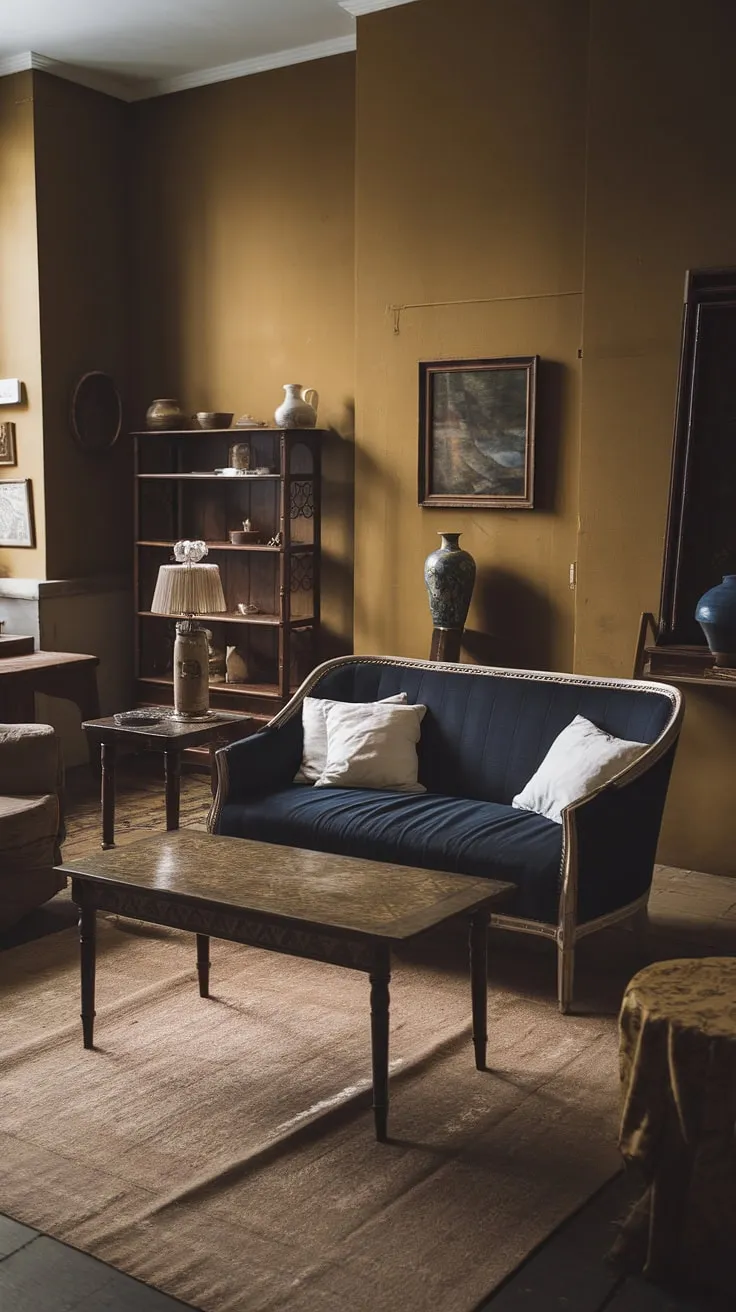 The moody vintage living room showcases a harmonious mix of bohemian style and antique decor, highlighted by a dark blue sofa and warm mustard walls that create a cozy, retro atmosphere.