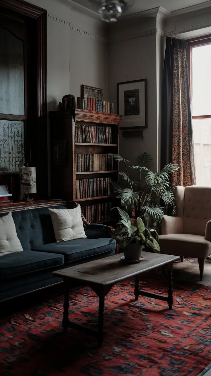 The moody country living room features a dark blue sofa and vintage decor, harmonizing dark academia and bohemian elements for a cozy yet sophisticated retreat.