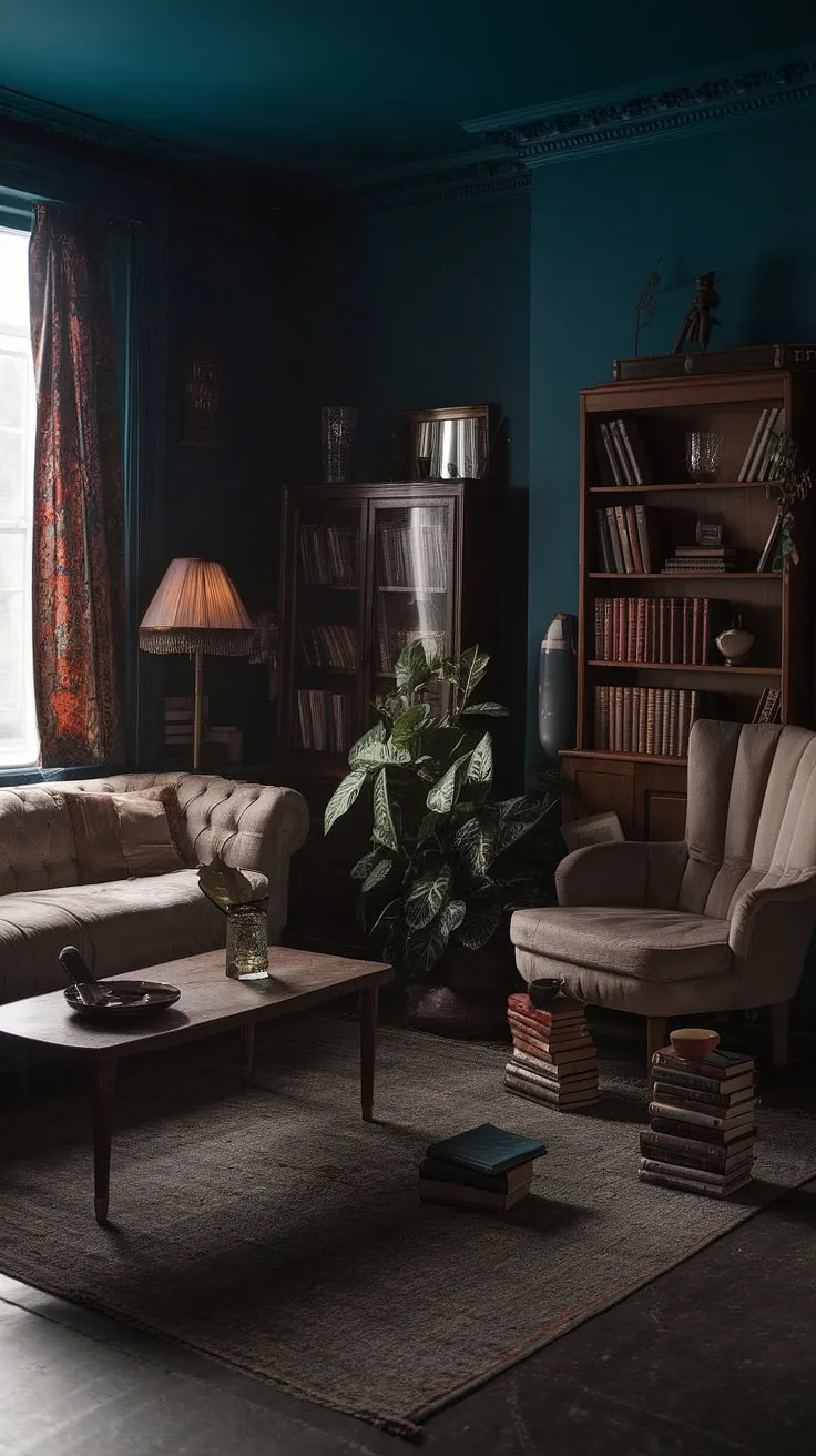 The moody country living room showcases a harmonious mix of vintage charm and dark academia elements, highlighted by antique decor, a plush chair, and a warm, inviting atmosphere.