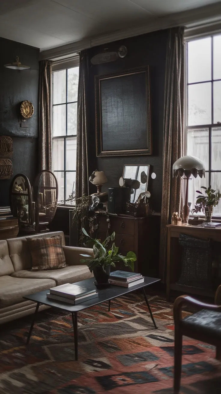 This moody vintage living room beautifully blends dark academia and bohemian styles with antique elements, retro decor, and a cozy atmosphere.