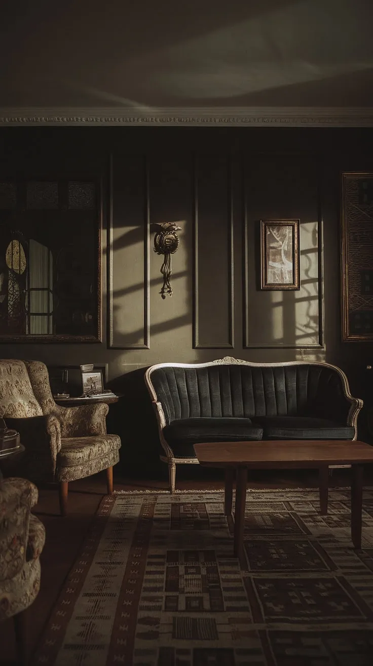 This moody vintage living room blends retro aesthetics with classic dark hues, featuring a patterned armchair, geometric rug, and soft lighting that enhances its antique charm.