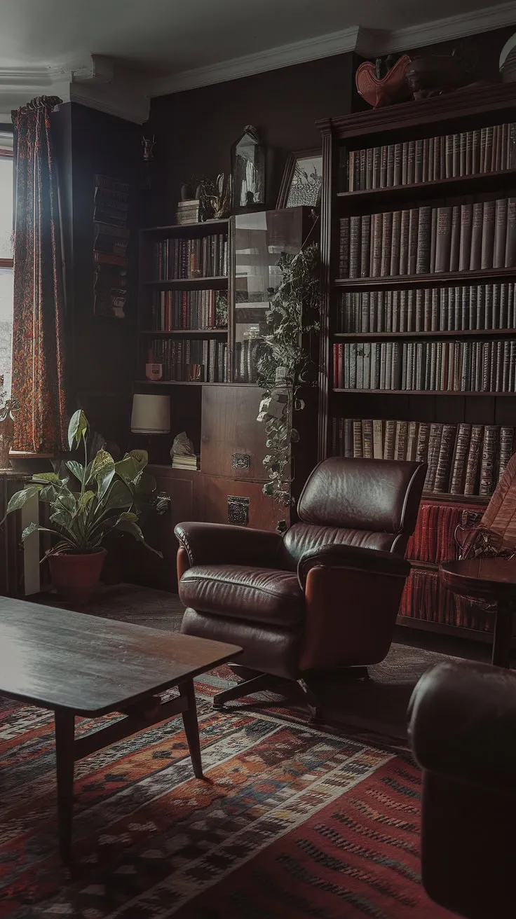 The classic moody living room exudes a warm, inviting atmosphere with its dark walls, patterned rug, and eclectic decor, perfect for a bohemian or antique aesthetic.
