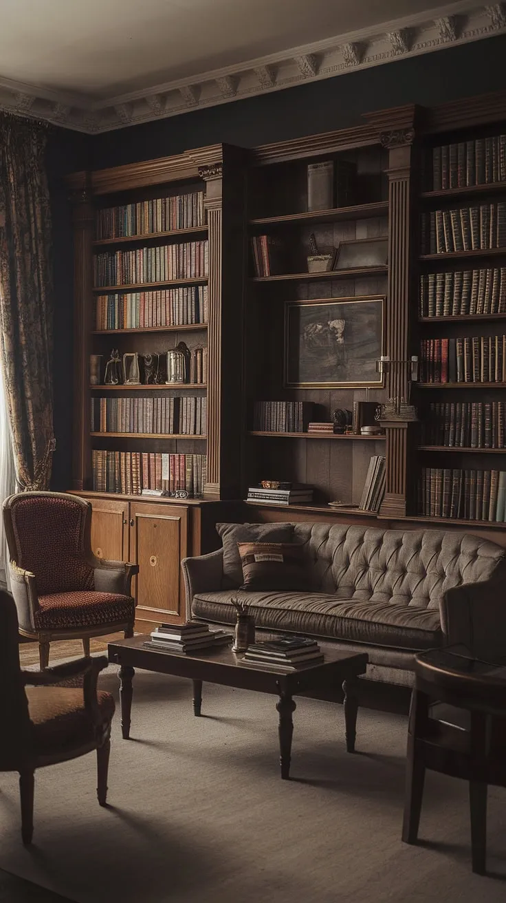 This moody vintage living room exudes a dark academia vibe with its classic antique style, wooden bookshelves, and retro elements.