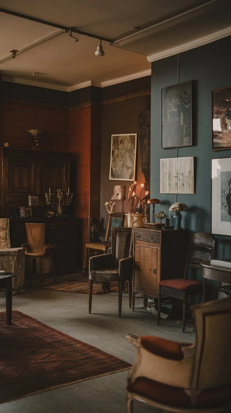 The vintage living room exudes a moody ambiance with its antique furnishings and soft lighting, perfectly capturing the essence of classic, country, dark academia, bohemian, and retro aesthetics.